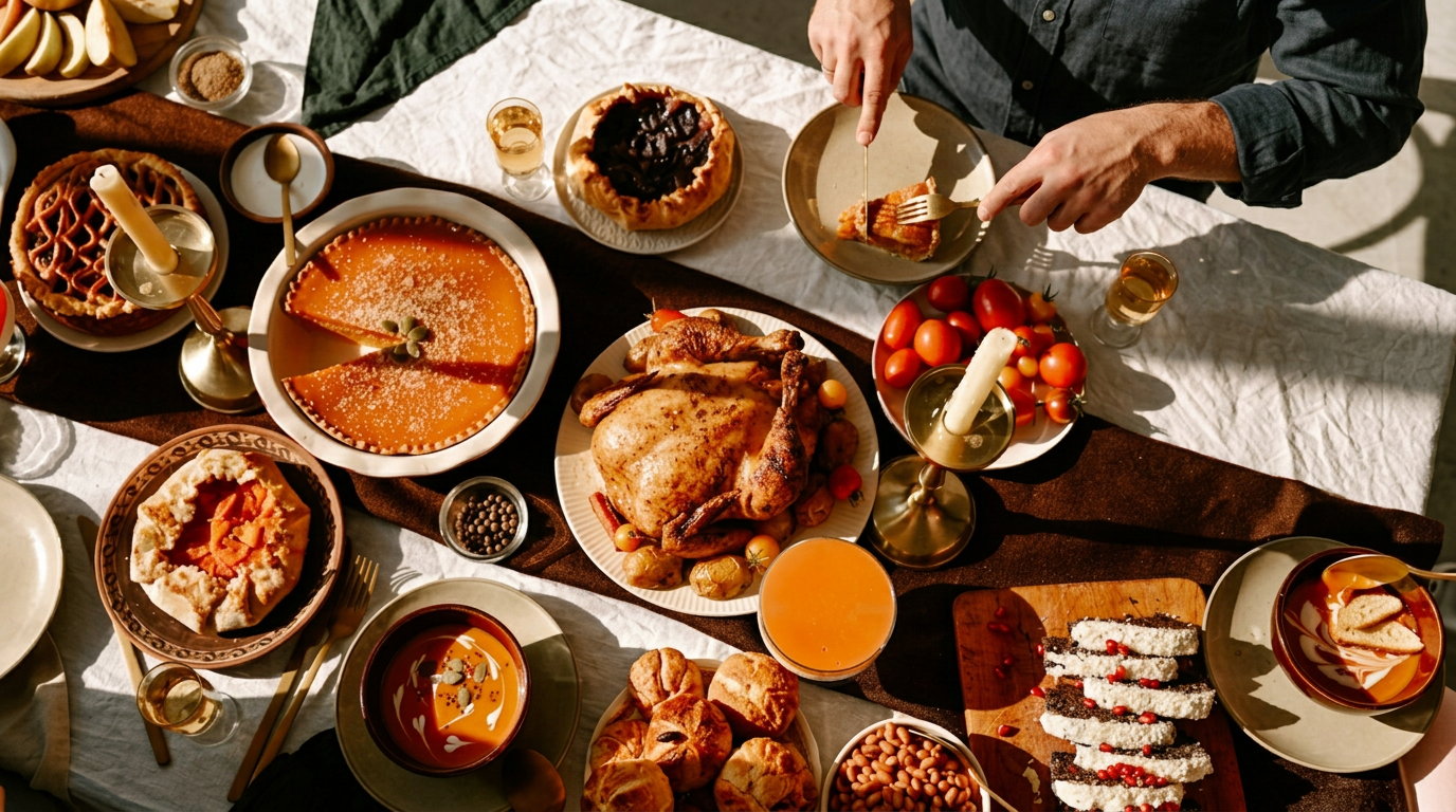 Overhead view of a generously set table of home-cooked food